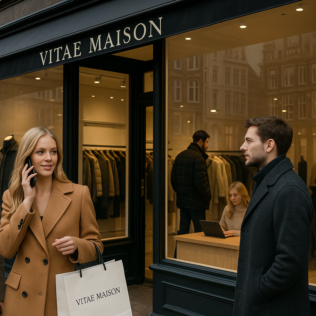 2 vrouwen buiten de winkel 1 man buiten de winkel 1 man binnen aan het shoppen 1 vrouw binnen aan het afrekenen en de vrouwen buiten we winkel moeten niet naar de camera toe kijken en 1 vrouw moet bellen en een tas van vitae maison vast hebben dat ze iets heeft gekocht