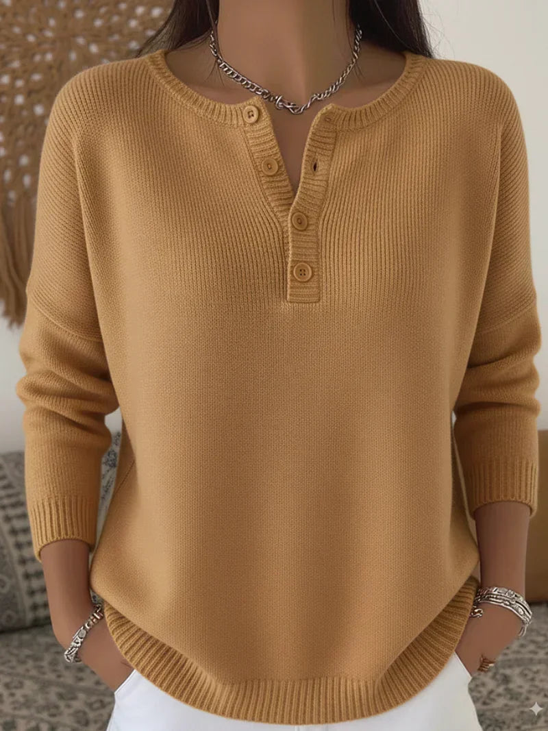 Helena™ | Sweter z dzianiny typu Henley zapinany na guziki