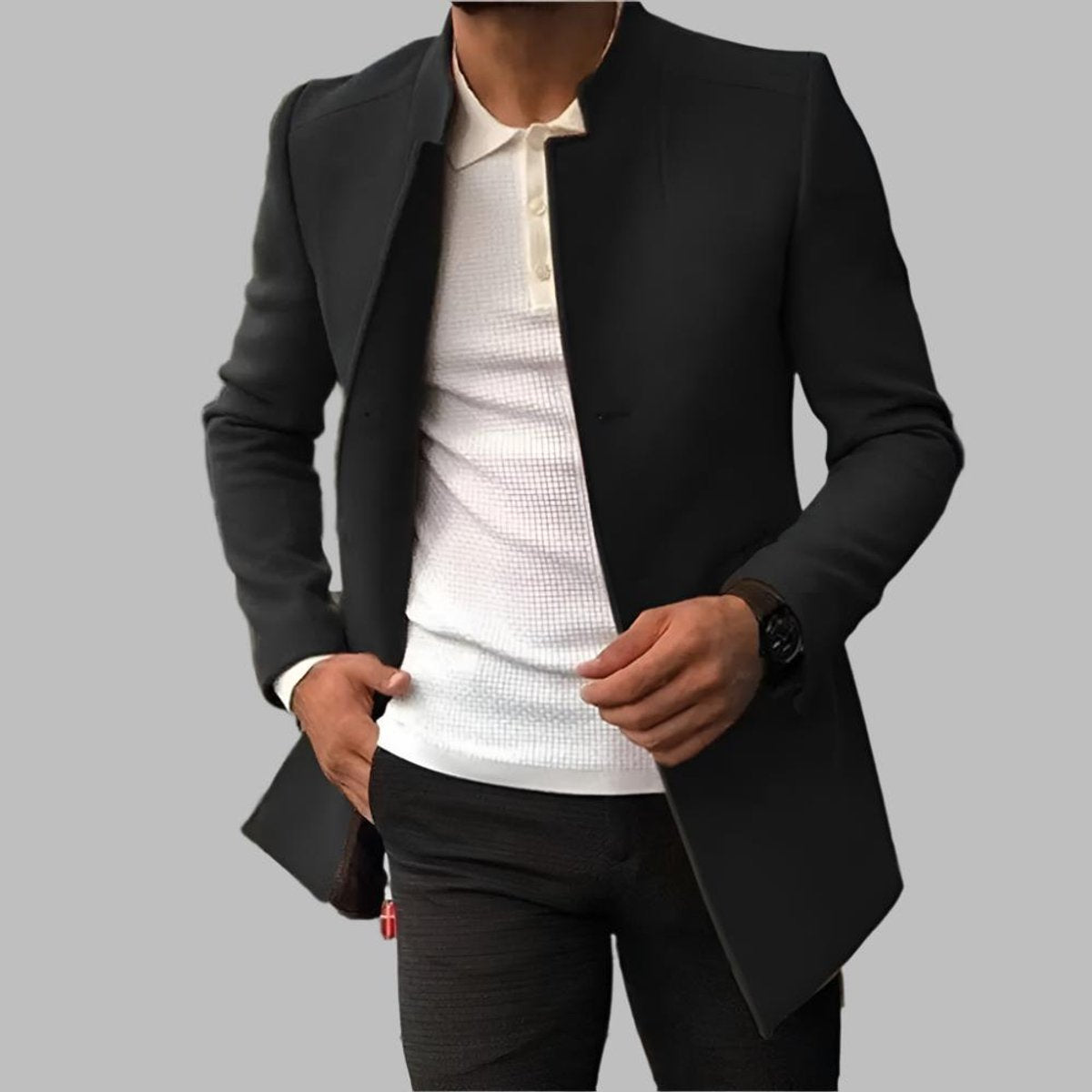 Matthias | Męski Elegancki Płaszcz Wełniany Slim-Fit z Stojącym Kołnierzem