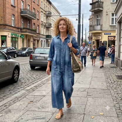 Diana | Vintage Washed Soft Cotton Denim Jumpsu z zapięciem na guziki