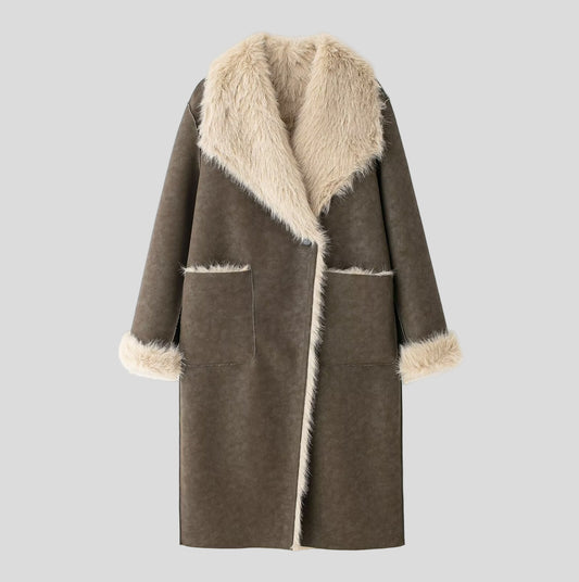 Lange Faux Leather Coat met Zachte Fur-Voering