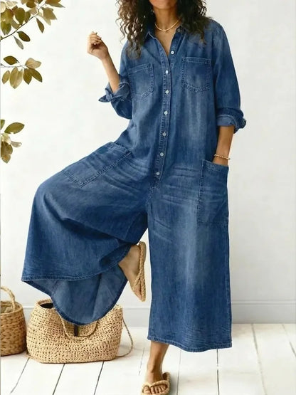 Diana | Vintage Washed Soft Cotton Denim Jumpsu z zapięciem na guziki