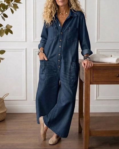 Diana | Vintage Washed Soft Cotton Denim Jumpsu z zapięciem na guziki