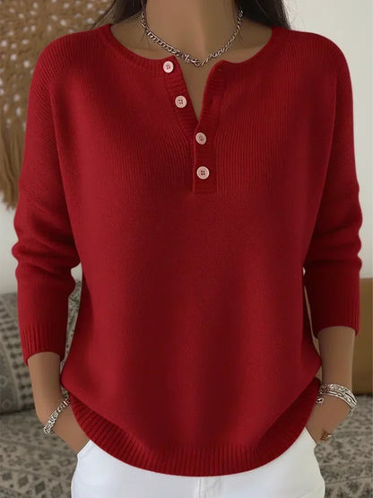 Helena™ | Sweter z dzianiny typu Henley zapinany na guziki
