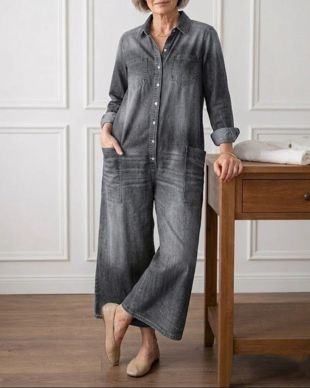 Diana | Vintage Washed Soft Cotton Denim Jumpsu z zapięciem na guziki