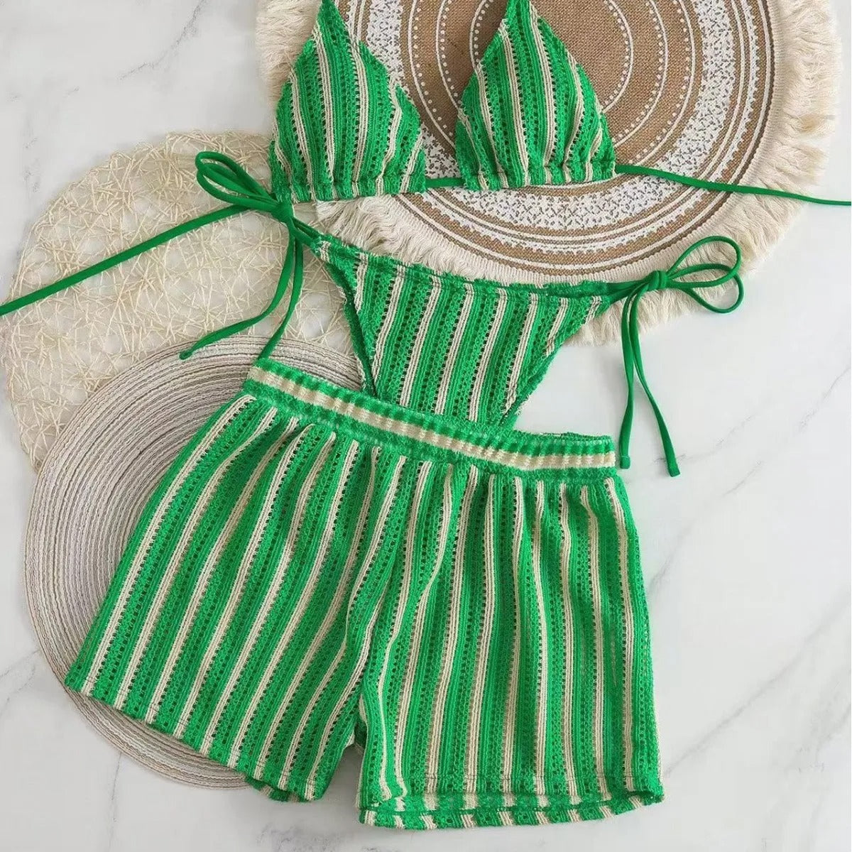 Karmen | Trzyczęściowy Komplet Bikini z Siateczkowymi Szortami