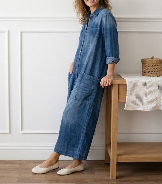 Diana | Vintage Washed Soft Cotton Denim Jumpsu z zapięciem na guziki