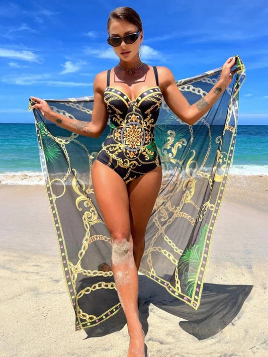 Marika – jednoczęściowy strój kąpielowy push-up z narzutką plażową