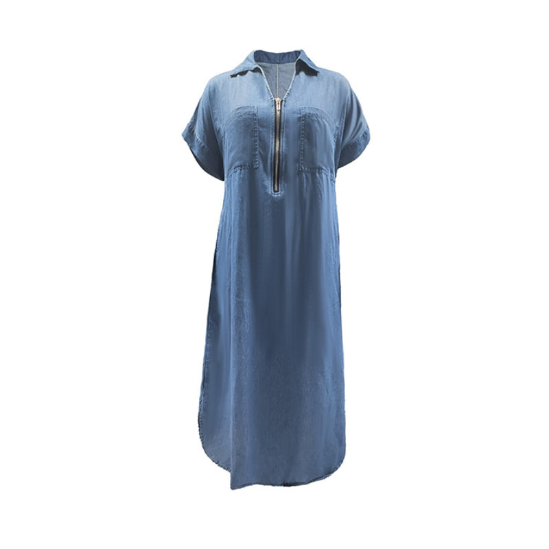 👗👖 Dżinsowa sukienka maxi z dekoltem w szpic i zamkiem błyskawicznym