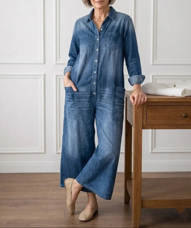 Diana | Vintage Washed Soft Cotton Denim Jumpsu z zapięciem na guziki